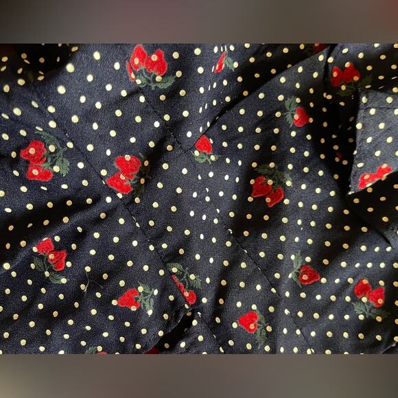 70s Vintage Straberry And Swiss Dot Long Sleeve Prairie Dress with Peplum Waist - Picture 7 of 12